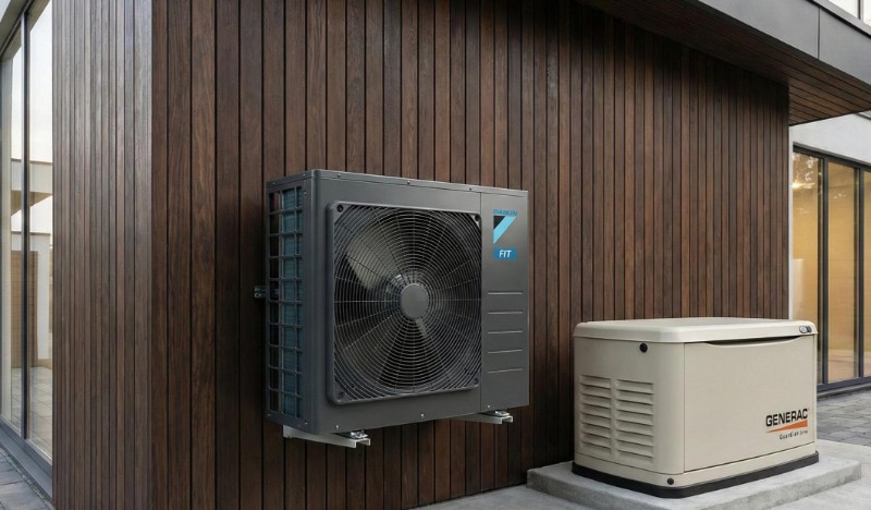 An outdoor heat pump unit near a standby generator, illustrating the need for compatibility checks.