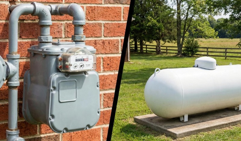 Comparison of a residential natural gas meter and a large propane storage tank for generators.