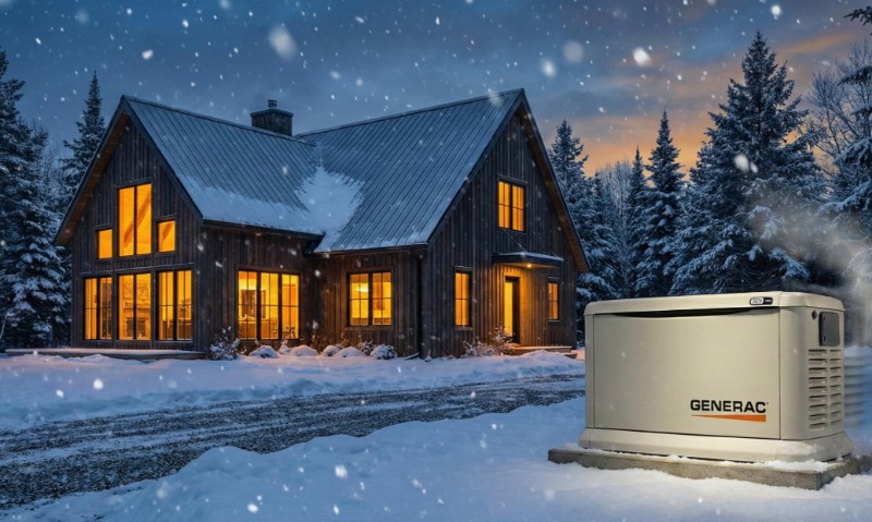 A standby generator powering a rural Eastern Ontario home during a winter snowstorm.